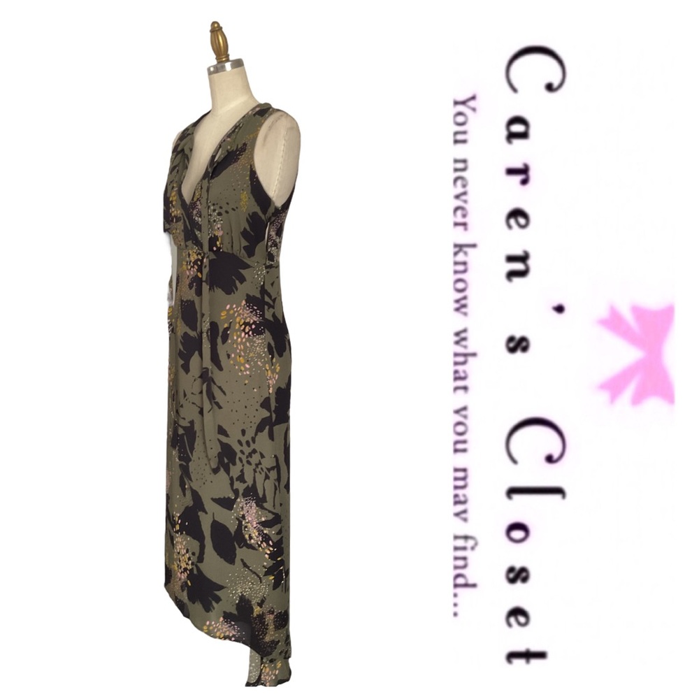 Bar III Olive Green Organic Print Sleeveless High Low Midi Dress - Picture 6 of 11